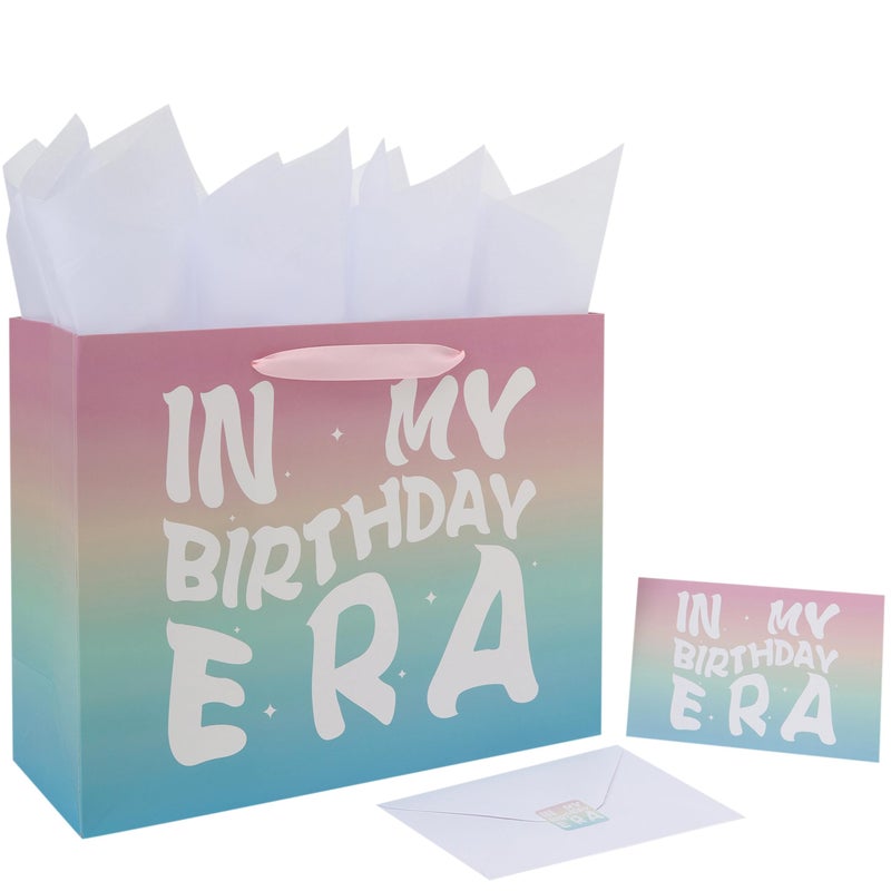 wishinside 13 Large Rainbow Happy Birthday Gift Bag Set with Handles Greeting Card Tissue Papers and Stickers for Girls Women Kids Teens In My Birthday Era Design 1 Pcs